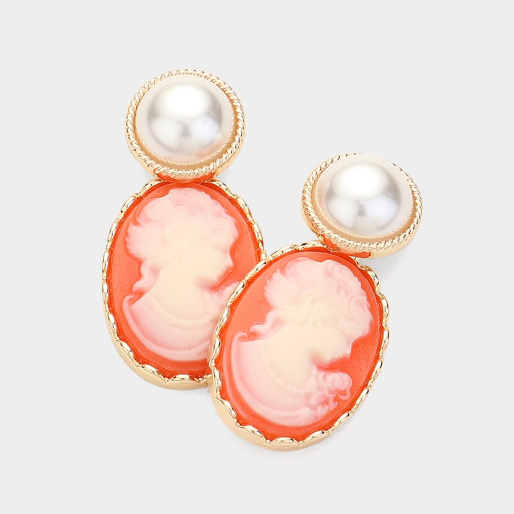 Gold Coral Pearl Cameo Pendant Dangle Earrings Oval Coin Charm Lady Womans Drop